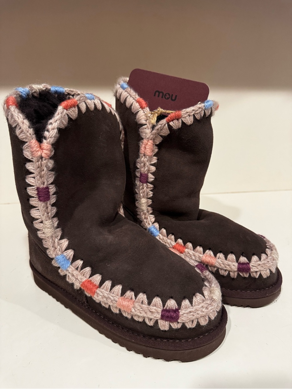 Mou Eskimo 24 Brown Suede Boots with Cream Crochet Trim NO BOX NWT